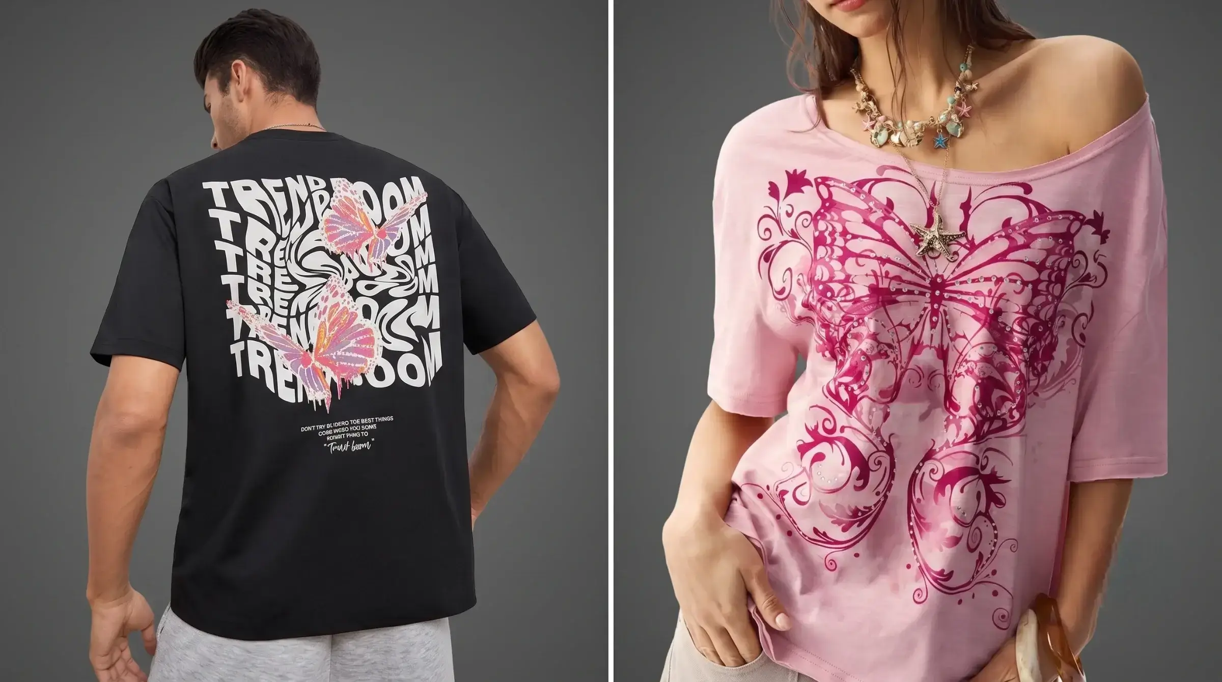Model wearing a butterfly graphic tee with a Y2K-inspired design