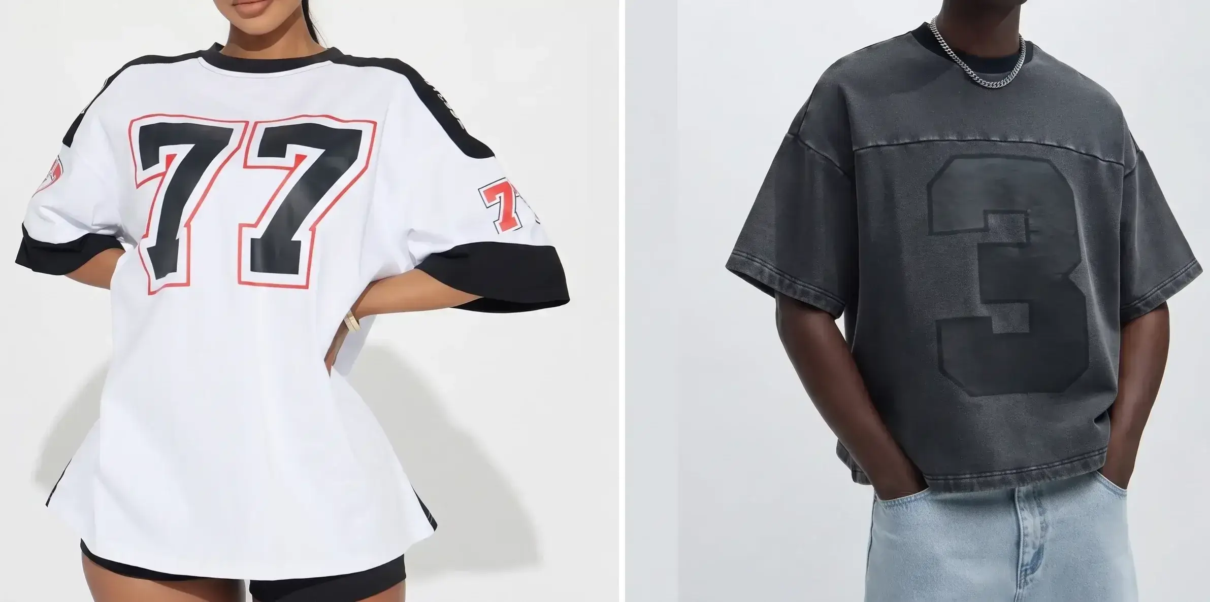 Model wearing an oversized graphic tee with a relaxed Y2K streetwear style