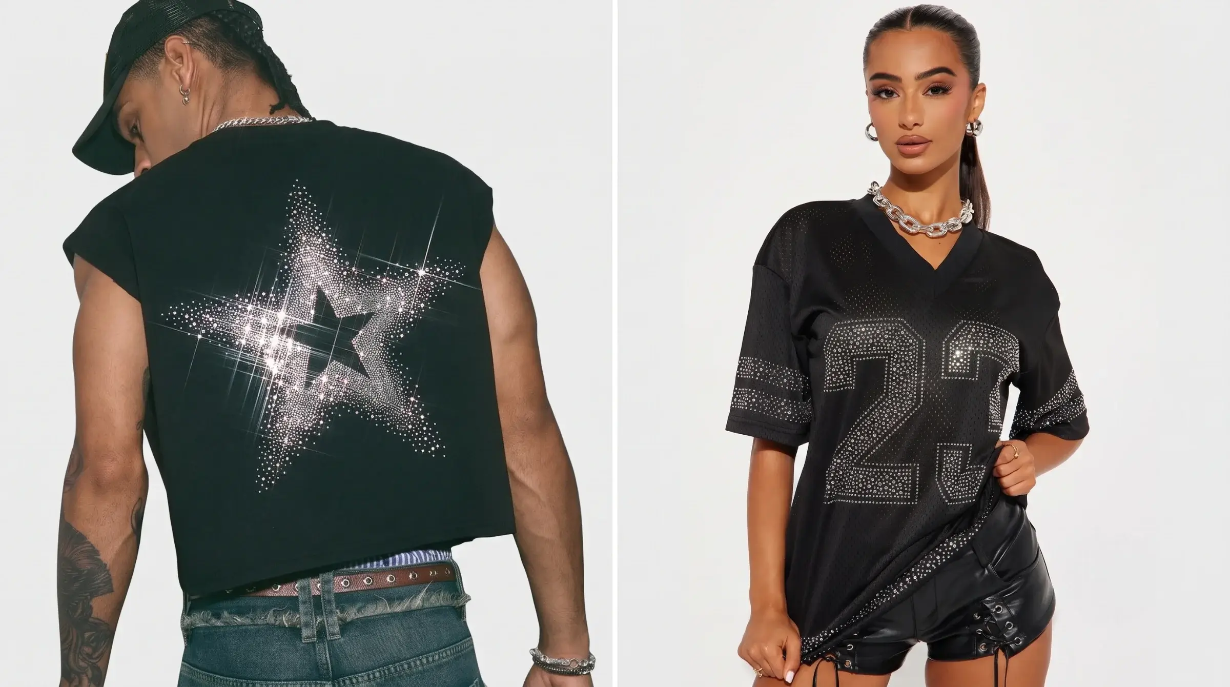 Model wearing a rhinestone graphic tee with sparkling embellished details