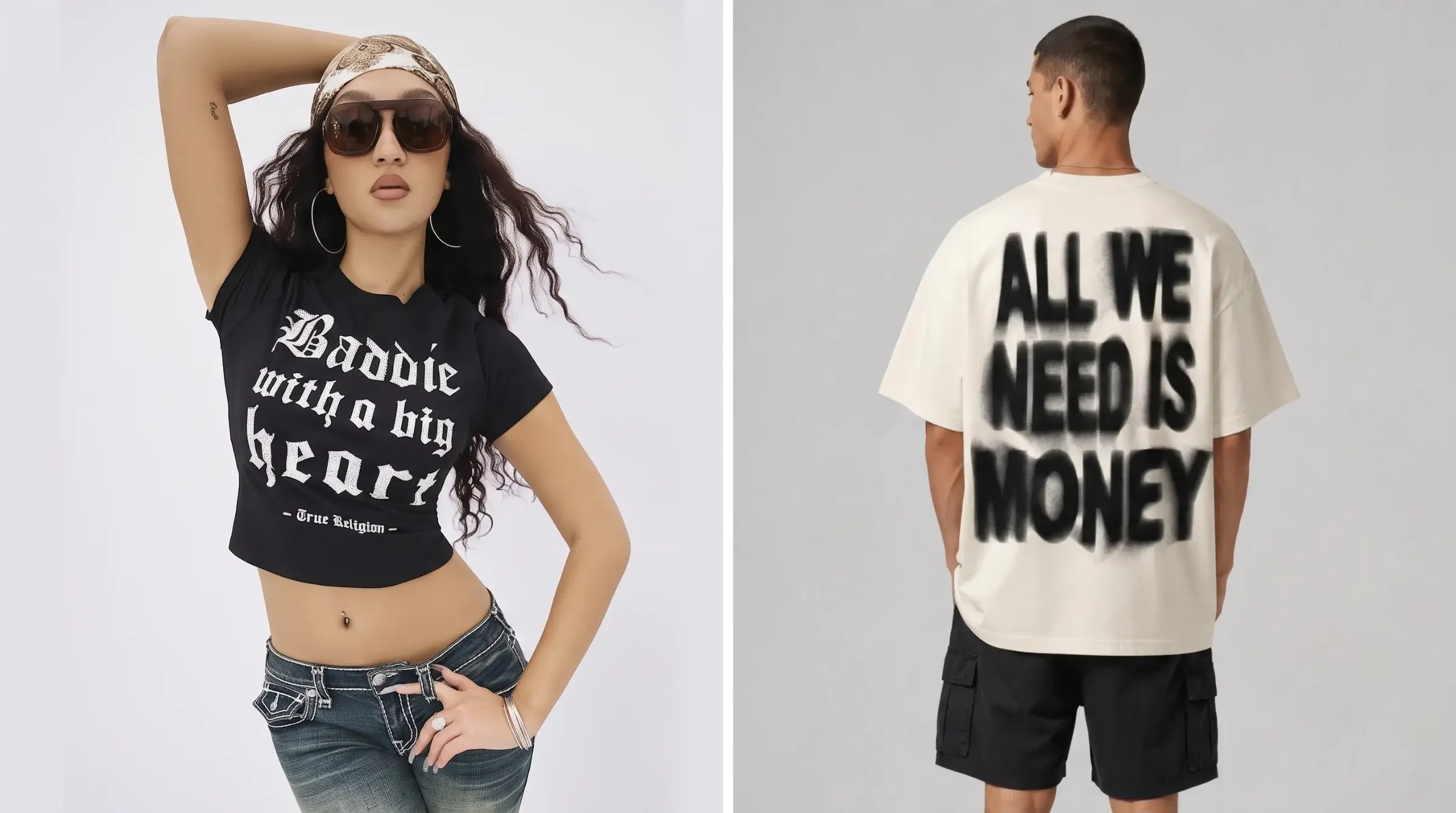 Model wearing a Y2K slogan tee with bold retro text graphic